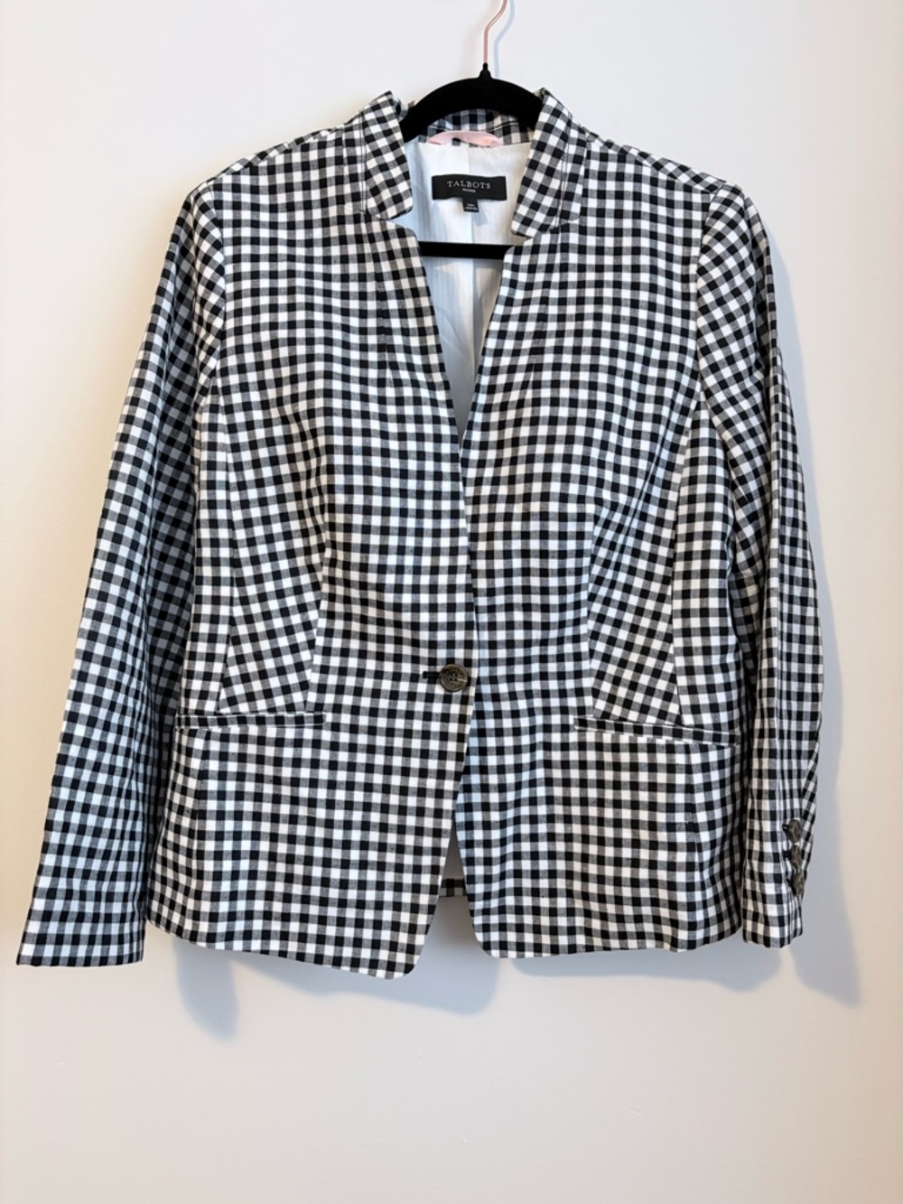 Talbots Petites Black White Gingham Blazer Linen Blend 14P Classic